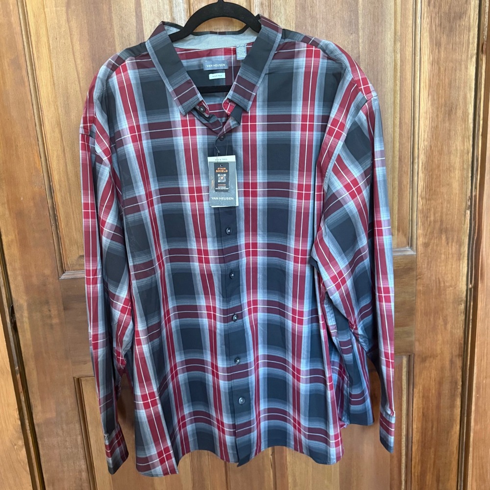 Van Heusen Big & Tall Stain Shield Red Grey Plaid Button Down Shirt 3XL NEW